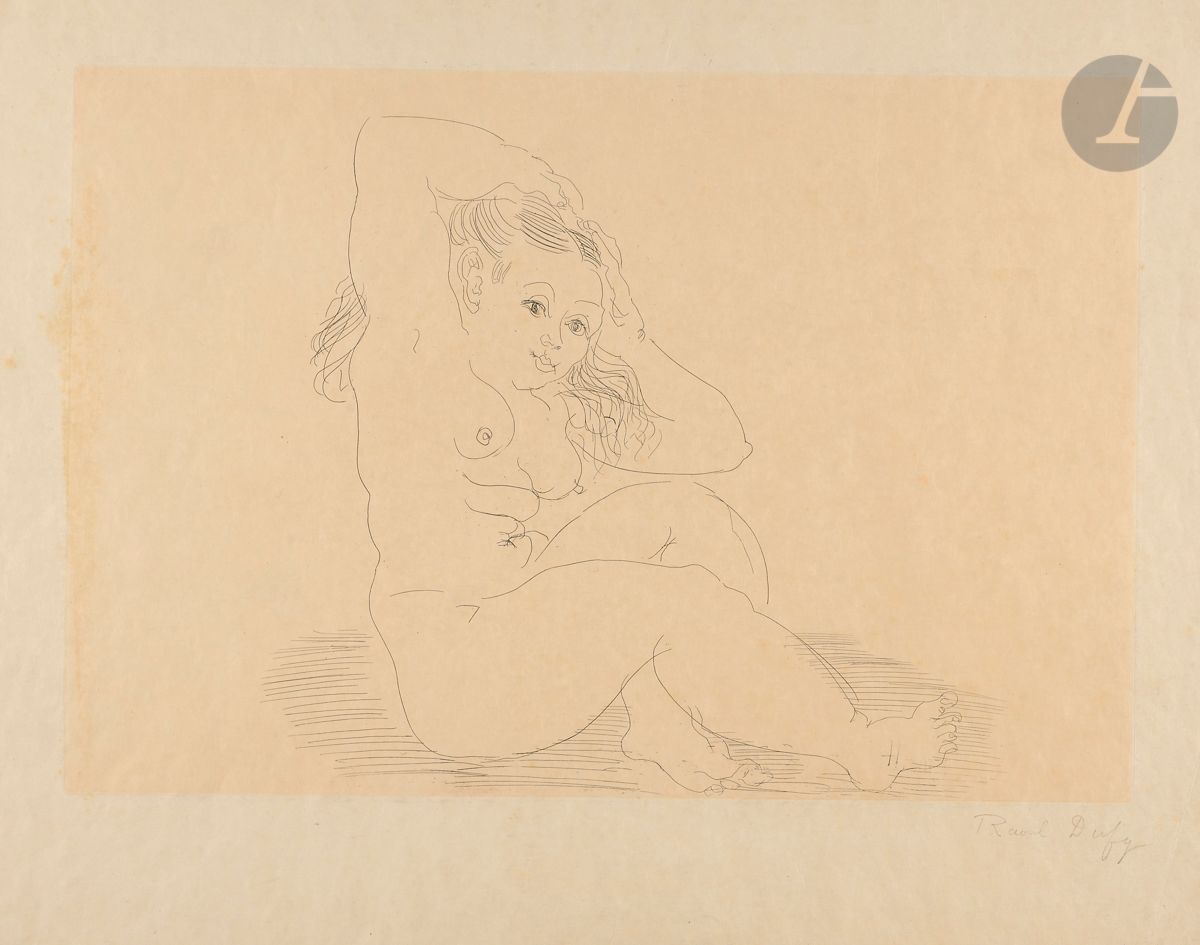 Raoul Dufy (1877-1953)
Femme nue arrangeant ses cheveux. Vers 1925. Eau-forte. 515 x 347. Belle épreuve sur japon fort, signée au crayon. Pli cassé oblique au bord droit du feuillet. Quelques fines traces de plis et rousseurs claires. Toutes marges. Rare. 

 Provenance : succession Raoul Dufy