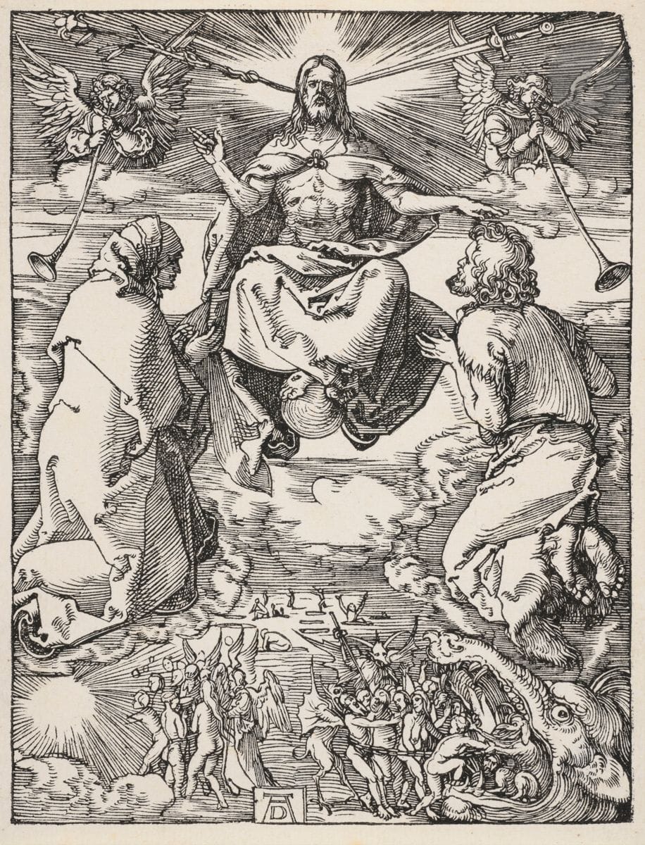 Albrecht Dürer (1471-1528)
Le Jugement dernier. (Pl. de la Petite Passion). 1509-1511. Bois gravé. 95 x 125. Bartsch 52 ; Meder 161. Très belle épreuve sur vergé, d’un tirage antérieur à 1612, sans texte au verso, avec les cassures sur le trait carré supérieur. Petites marges. Ex-coll. Waldburg Wolfegg’sches Kupferstichkabinett (Lugt 2542) et E. E. (L. 844).