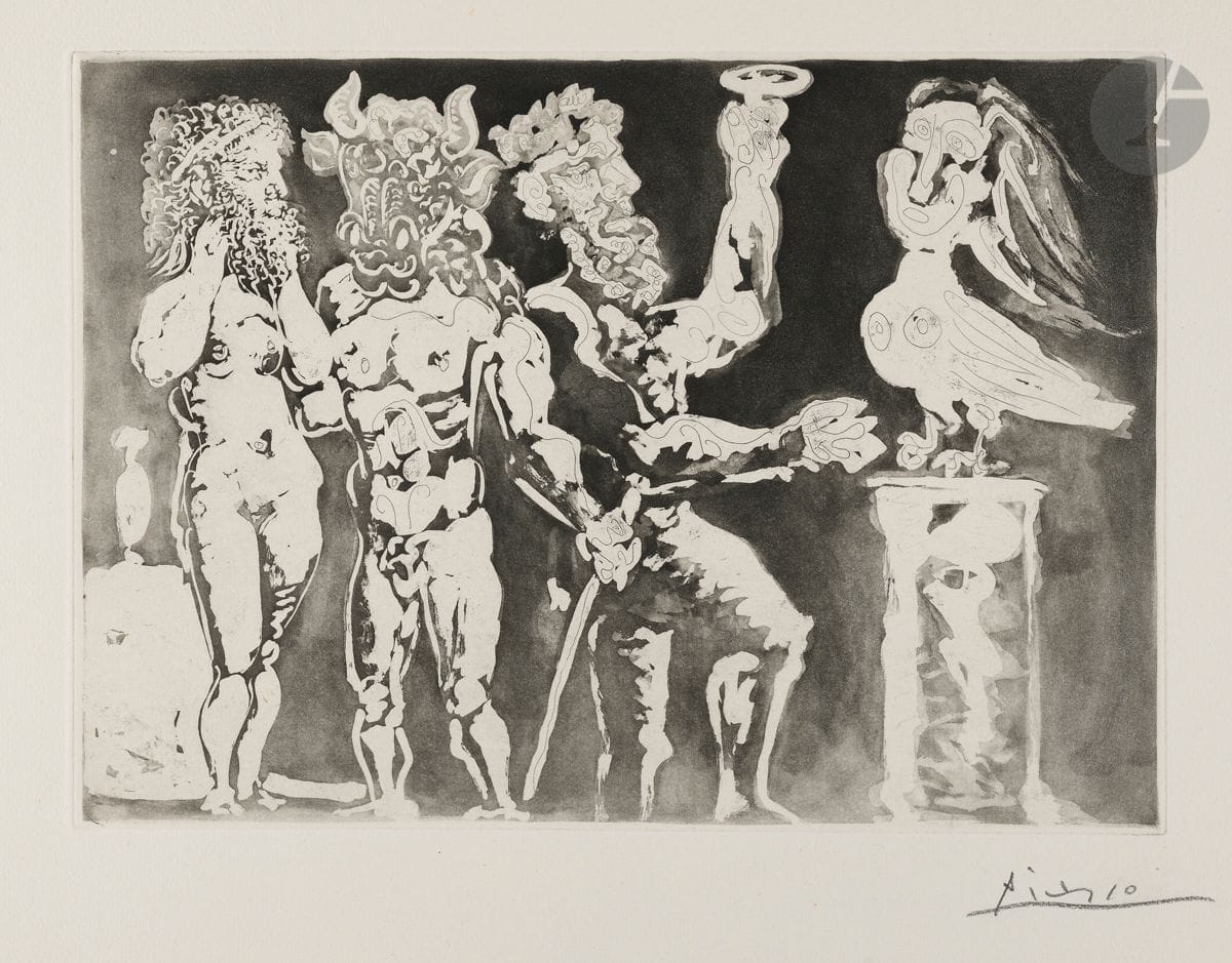 Pablo Picasso (1881-1973)
Masked figure, bird woman. (Suite Vollard, pl. 24). 19 November 1934. Etching and aquatint. 345 x 247 [500 x 385]. Bloch 227; Baer 441 B c. A very fine and fresh proof on Montval laid paper, one of 50 with large margins, signed in pencil. Tiny dots in the right margin. Minute trace of oxidation at the edges of the sheet. All margins not trimmed. 

Provenance: Ambroise Vollard (1866-1939) then H. M. Petiet (1894-1980).