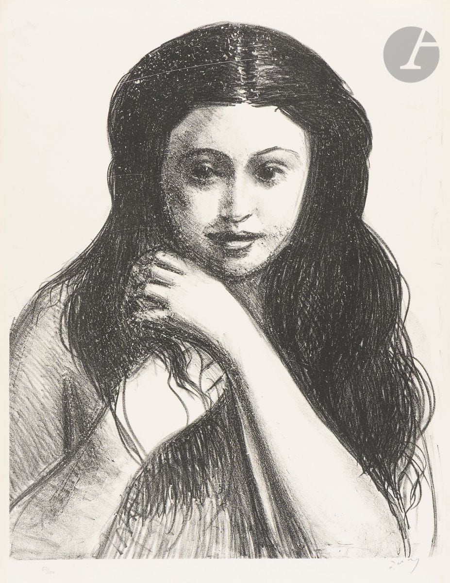 André Derain (1880-1954)
Woman of face, parting in the middle, black hair (Pl. of the suite Metamorphoses). 1927. Lithograph. 365 x 450. Adhémar 71-12. Very nice proof on white vellum, numbered and signed in pencil. Short soft creases in the left corners. All margins untrimmed. Edition of 100 proofs.