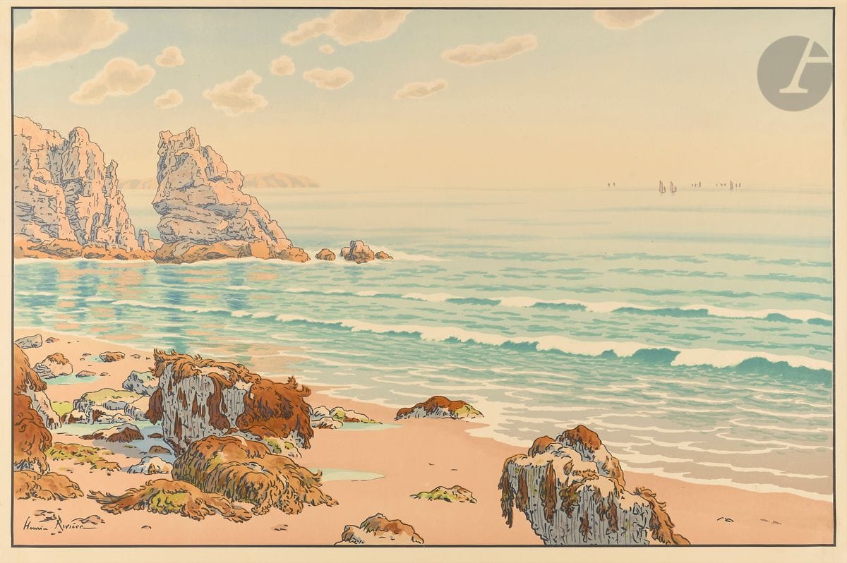 Henri Rivière (1864-1951)
La Mer (Plage du Portzic, presqu’île de Crozon). (Les Aspects de la nature, pl. 14). 1908. Lithographie. [860 x 580]. Levasseur-Le Bohec 14. Impression en couleurs. Très belle épreuve sur vélin glacé. Courtes traces de plis aux bords du feuillet. Marges réduites à 2 cm.