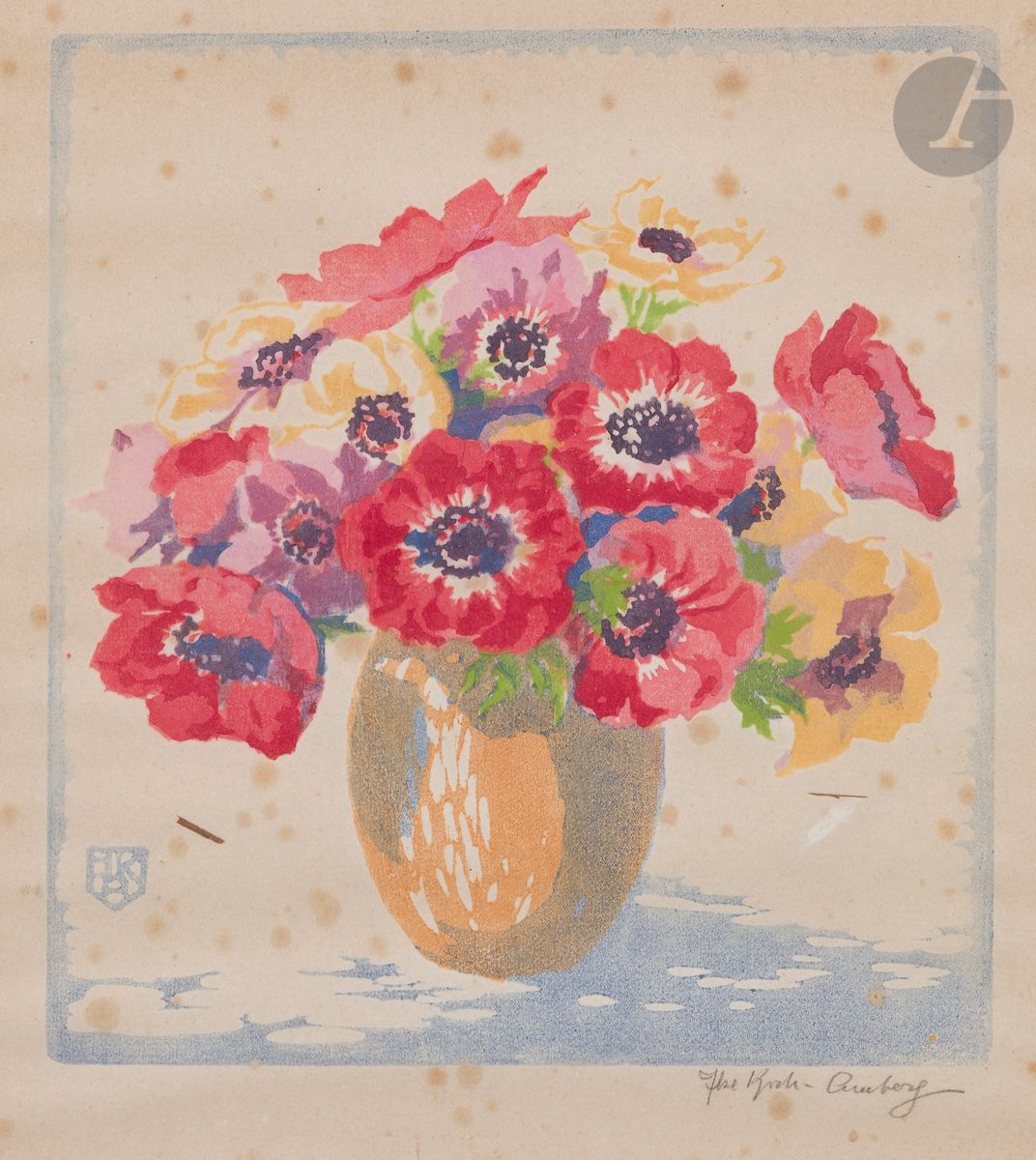 Ilse Koch-Amberg (allemande, 1869-1934) 
Anémones. Vers 1920. Bois gravé. 265 x 292. Impression en couleurs à l’eau à la manière japonaise. Belle épreuve sur vergé, signée au crayon, insolée, avec traces blanches sur les bords. Fortes rousseurs. Fin long pli de tirage vertical. Toutes marges. Cadre.