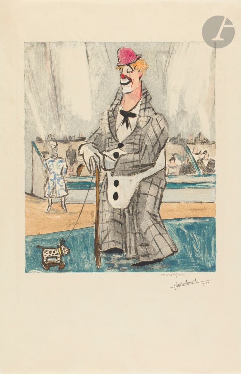 Pierre Abadie-Landel (1896-1972)
Au cirque ; Clown à la grosse caisse ; Clown. 1928. Monotypes en couleurs. 255 x 307. Très belles épreuves sur vélin mince crème, annotées « monotype », signées et datées au crayon. Petites pattes de montage aux bords du feuillet au verso. Trois traces d’adhésif très oxydées dans les marges à la dernière. Toutes marges. Ens. 3 p.