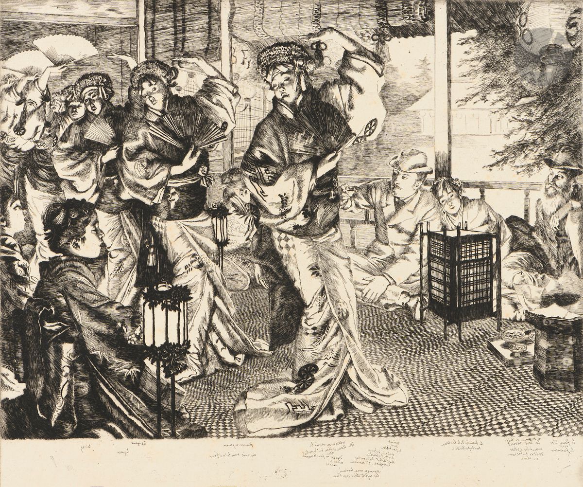 James-J.-J. Tissot (1836-1902)
En pays étranger. (Pl. de la suite L’Enfant prodigue). 1882. Eau-forte. 373 x 311. Wentworth 59. Très belle épreuve sur vergé blanc, à l’eau-forte pure, d’un état non décrit antérieur au 1er (sur 2), avant la date et la signature gravées, avant effaçage des nombreuses annotations gravées à la pointe à rebours dans la tablette (annotation en vue de modifications du sujet). Infimes rousseurs. Deux courtes déchirures en pied. Toutes marges.