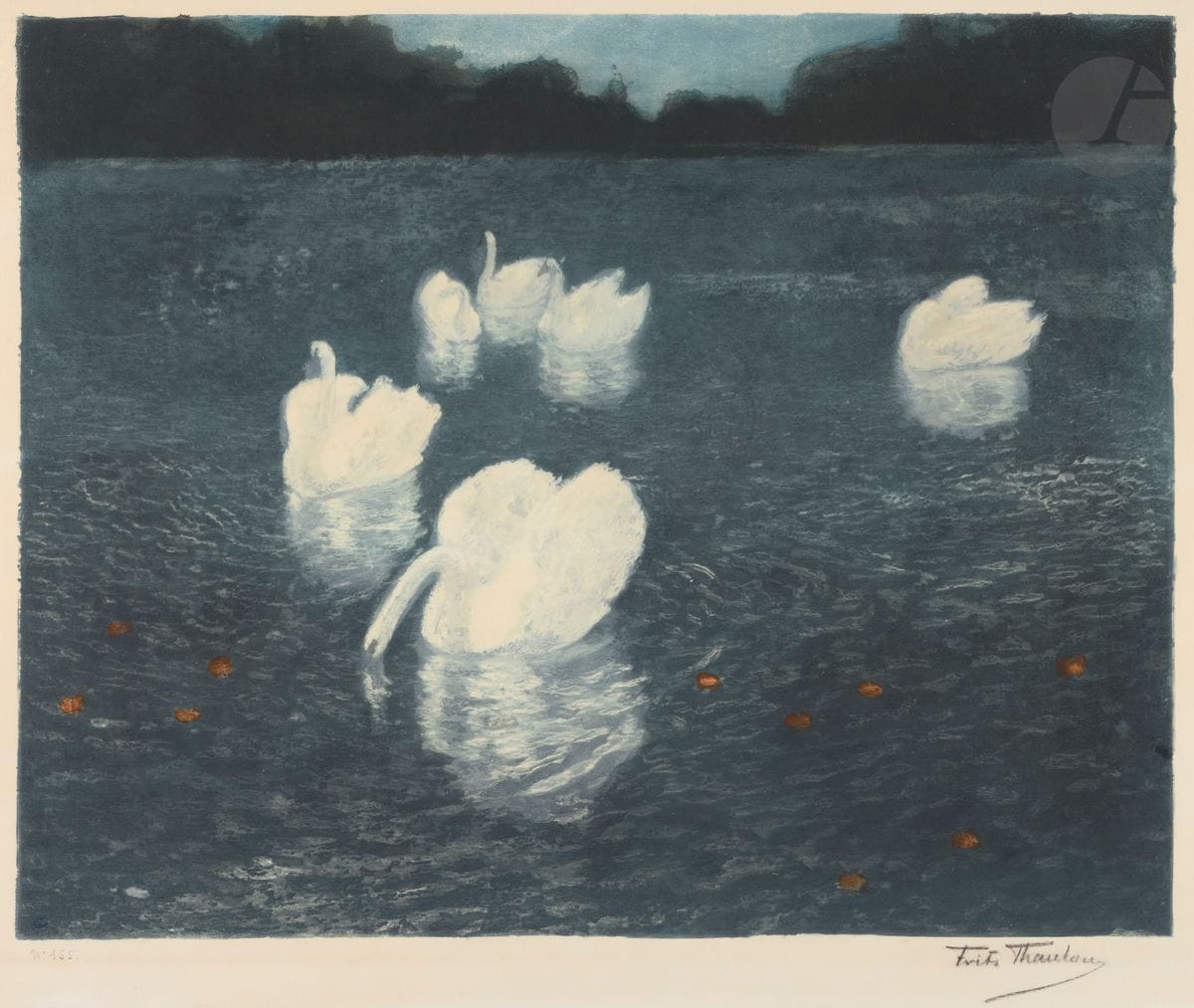 Frits Thaulow (1847-1906)
Cygnes. Vers 1900. Aquatinte. 575 x 458. Poulsson 8. Impression en couleurs. Belle épreuve sur vergé crème, numérotée au crayon et signée à la pierre noire, soigneusement lavée. Très claire trace d’oxydation persistante autour du sujet. Long pli souple oblique en travers de l’angle supérieur gauche du sujet. Bonnes marges (légèrement réduites).