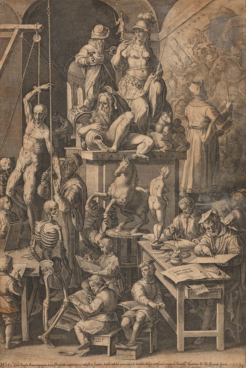 Cornelis Cort (vers 1533-1578)
L’Académie des beaux-arts. 1578. Burin d’après un dessin de J. Stradanus (Jan van der Straet) conservé au British Museum. 292 x 432. Hollstein 218 ; New Hollstein 210. Belle épreuve sur vergé, du 1er état (sur 2), avant remplacement de l’adresse de L. Vaccari à la date de 1578 par celle de C. Losi à la date de 1773, rognée au trait carré, jaunie. Traces de plis médians, fractures et petits accidents renforcés au verso. Ex-coll. C. Delanglade (Lugt 660).