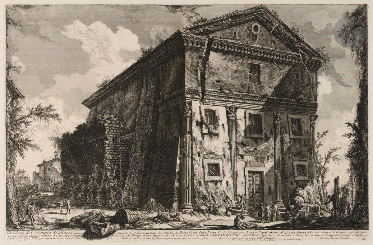 Giambattista Piranesi (1720-1778)
Veduta del Tempio di Bacco, inoggi Chiesa di S. Urbano... (View of the Temple of Bacchus, today's Church of St. Urban). 1758. Etching and burin. 620 x 406. Hind 48 (iii/vi). Very nice proof on strong laid paper, before the numbers, the price erased. Folio number 61 in pen and sepia ink in the upper right corner. Vertical median binding fold with small fracture at the head. Minimal foxing. Left edge irregular, ragged, with small binding miter holes and missing. Wide margins. First Parisian edition.