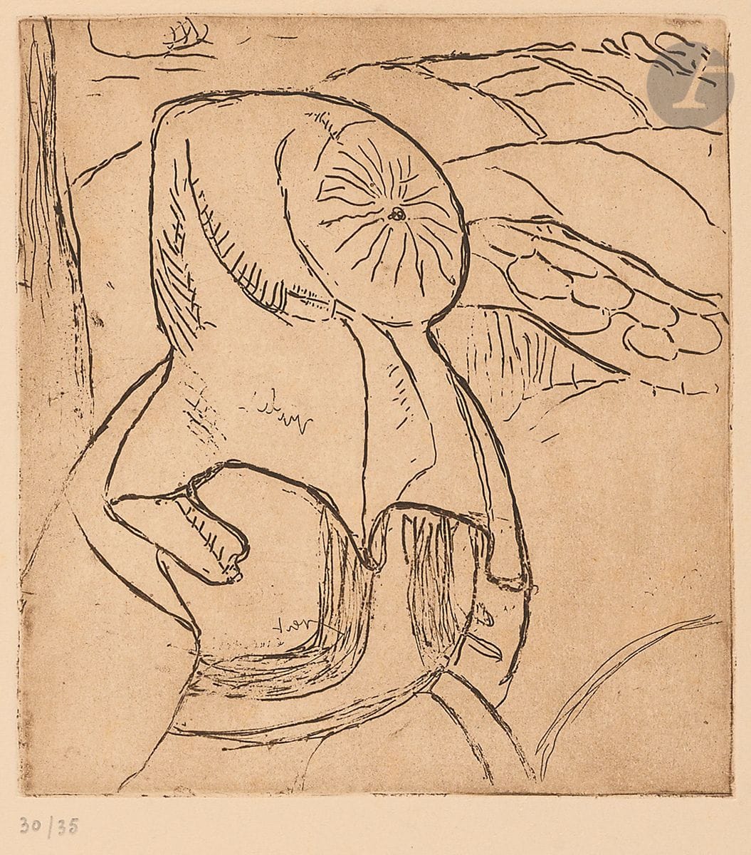 Armand Seguin (1869-1903)
Peasant woman in a working cap. 1893-1894. Etching. 150 x 163. Field, Strauss and Wagstaff 48. A very fine proof printed in bistre brown on strong ivory vellum, numbered in pencil, from the print run of 35 proofs made for the Malingue gallery around 1960. Light scattered foxing. All margins. Stamp A. S. pale green stamp in the lower right corner (affixed posthumously).