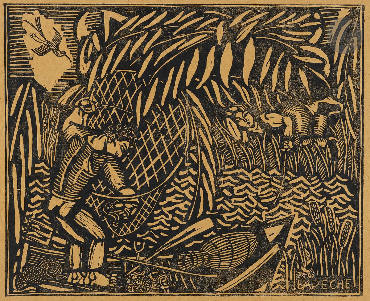 Raoul Dufy (1877-1953)
La Pêche. Vers 1906. Bois gravé. 395 x 322. Très belle épreuve d’essai sur vélin moutarde. Légères ondulations dues au tirage. Courte déchirure en pied. Fins plis cassés le long du bord supérieur. Toutes marges.

 Provenance : succession Raoul Dufy.