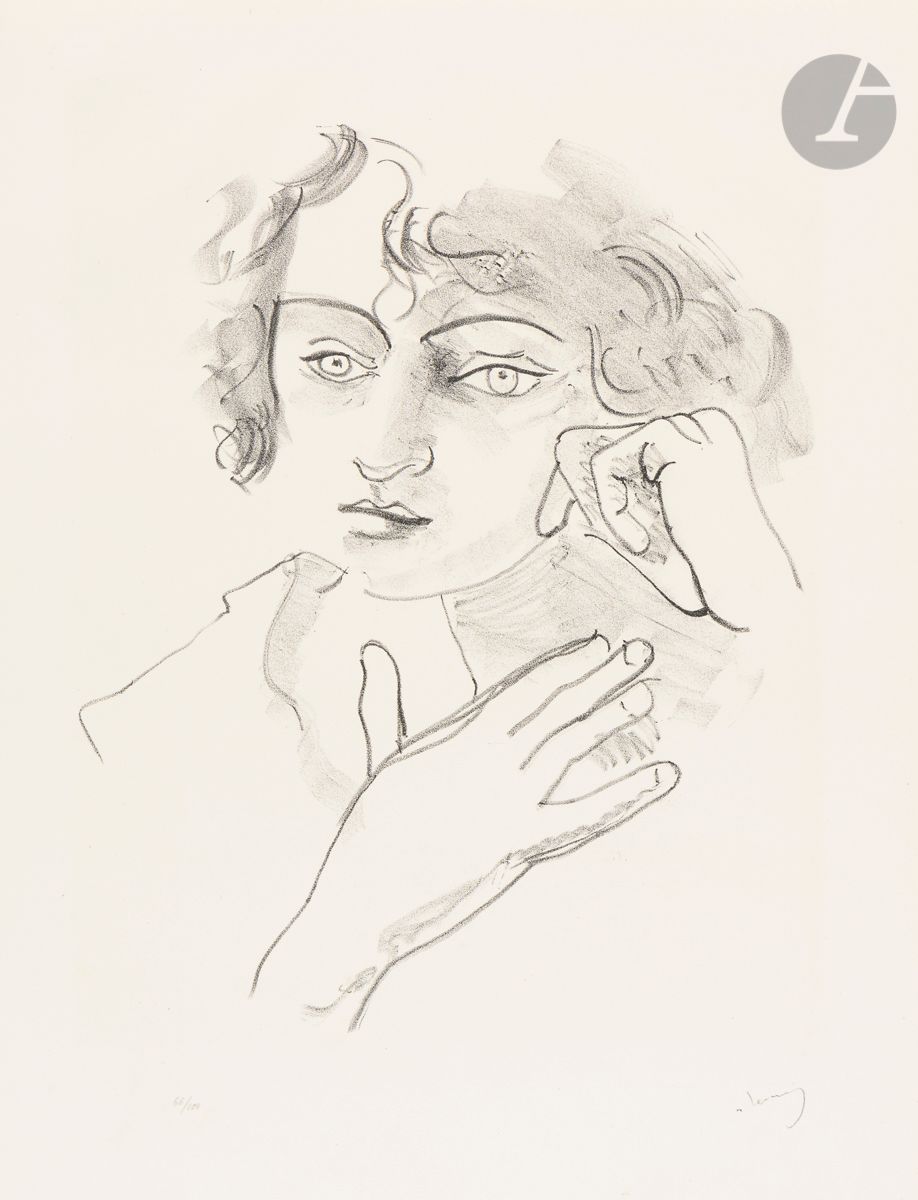 André Derain (1880-1954)
Head of a woman with clear eyes in front with both hands (Pl. of the suite Metamorphoses). 1927. Lithograph. 290 x 365. Adhemar 71-6. Very nice proof on white vellum, numbered and signed in pencil. The lower left corner folded. All margins untrimmed. Edition at 100 proofs.
