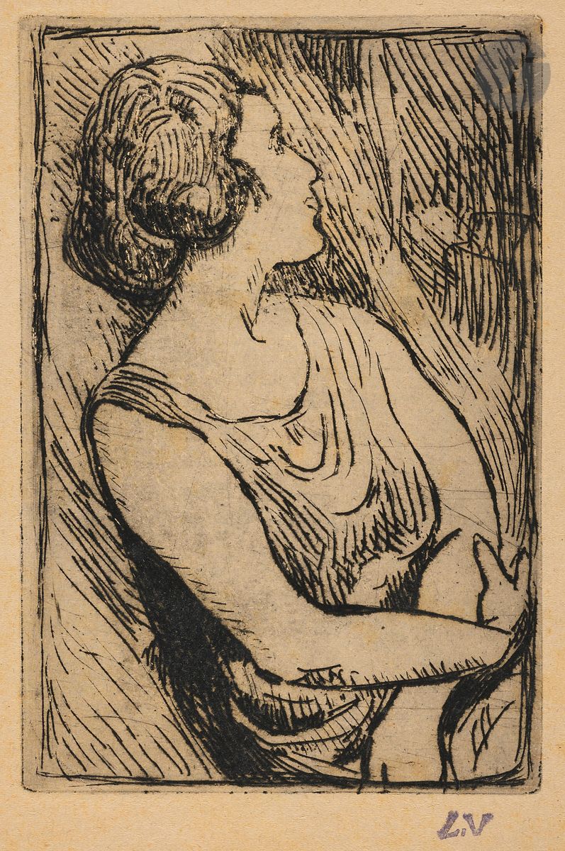 Louis Valtat (1869-1952)
Femme à mi-corps, bras croisés. Eau-forte. 115 x 172. Très belle épreuve d’essai sur vélin mince chamois (papier « boucherie »). Rousseurs claires. Deux courtes déchirures au bord droit. Traces de plis marginaux dont un long pli oblique en marge gauche. Toutes marges. Timbre de l’atelier (Lugt 1771 bis).