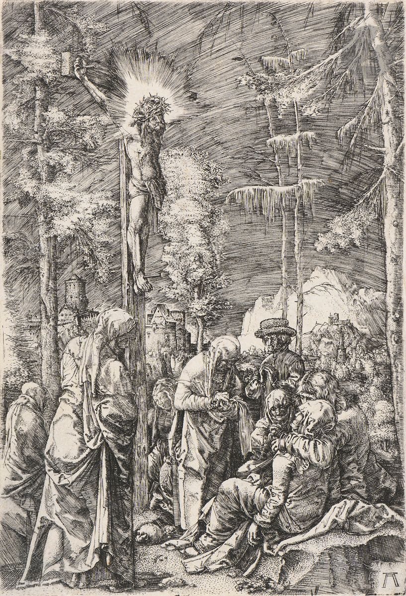 Albrecht Altdorfer (1480-1538)
The Great Crucifixion. About 1515-1518. Burin. 96 x 143. Bartsch 8; New Hollstein 9. A very fine and brilliant proof on thin laid paper, trimmed to the subject, carefully washed. Ex-coll. F. Somary (Lugt 4384).

"Among the burins engraved by Altdorfer [this print stands out] by its larger size, but also by the originality of [its] invention and the quality of [its] execution. [It shows] the renewed attention with which Altdorfer, in the mid-1510s, studied Dürer's burins, was inspired by their compositions, and embraced their technical sophistication-varying the length and orientation of the fine cuts that saturate the space." Note the "pronounced foreshortening of Christ's body" and "intense flashes of light that stand out against a dark sky, creating an almost supernatural flickering effect." (H. Grollemund, ed., Albrecht Altdorfer, maître de la Renaissance allemande, Paris, Musée du Louvre and ed. Liénart, 2020, p. 150).