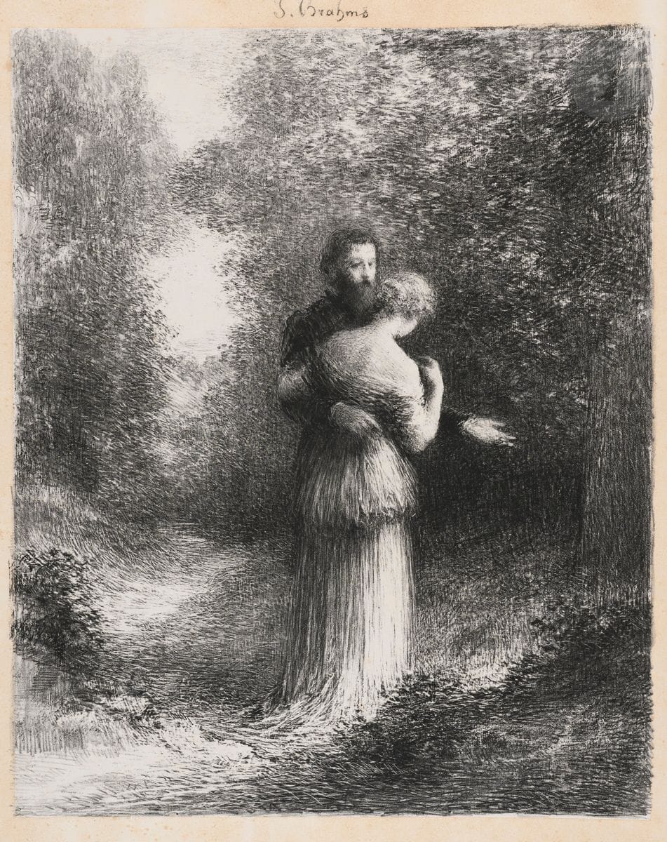 Henri Fantin-Latour (1836-1904)
Poèmes d’amour (1re pl.). 1891. Lithographie. 360 x 460. Hédiard-Mason 29. Belle épreuve sur chine appliqué sur vélin fort, lavée (le chine remonté). Forte trace d’oxydation à l’ouverture d’un ancien passe-partout. Rousseurs claires. Quelques courts plis de manipulation aux bords du feuillet. Toutes marges. Rare. Tirage à 10 épreuves d’essai seulement.