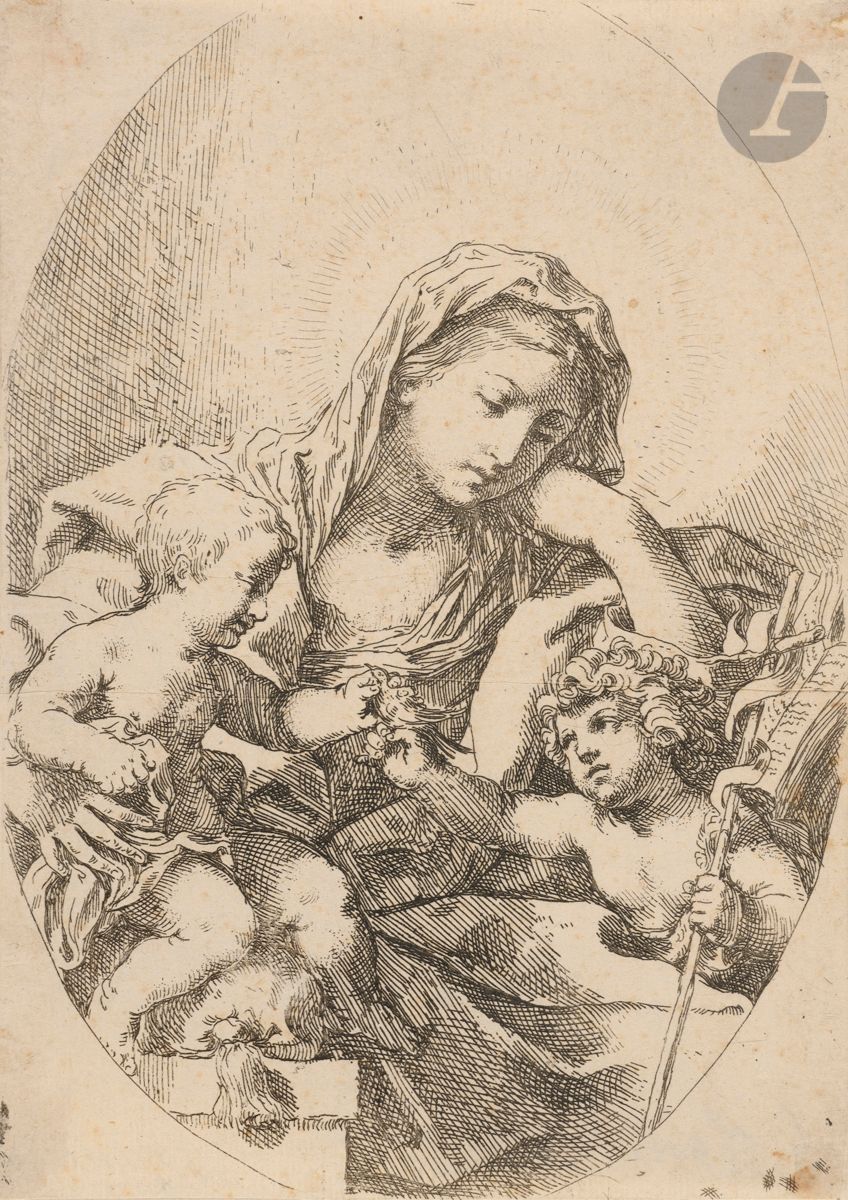 Lorenzo Loli (1612-1691)
La Vierge, l’Enfant Jésus et saint Jean. Eau-forte. 132 x 188. Bartsch 4. Belle épreuve sur vergé mince, rognée au trait carré. Restes de colle le long des bords au verso. Joint : Les Armes de Guasta Vilani. Eau-forte d’après G. A. Sirani. 140 x 192. Bartsch 17. Belle épreuve sur vergé. Reste de colle dans un angle au verso. Bonnes marges. Ens. 2 p.