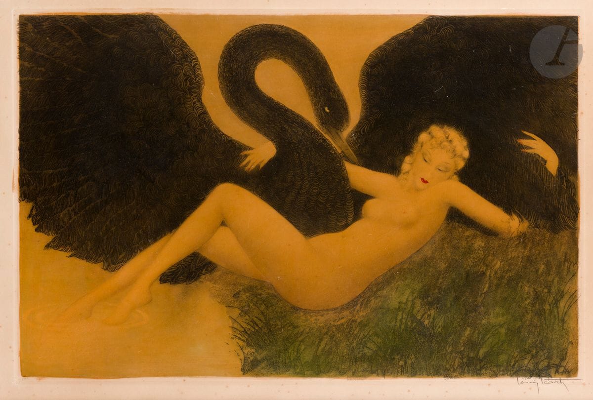 Louis Icart (1888-1950)
Léda et le cygne. 1934. Eau-forte. 795 x 522. Holland et al. 436. Impression en couleurs. Belle épreuve sur vélin, numérotée et signée au crayon, avec le timbre sec de l’artiste, le sujet verni, oxydée. Rousseurs éparses. Une fine et longue éraflure oblique en travers du cygne. Petite épidermure en surface sur la cuisse de Léda, une autre dans l’aile gauche du cygne. Belles marges. Cadre.