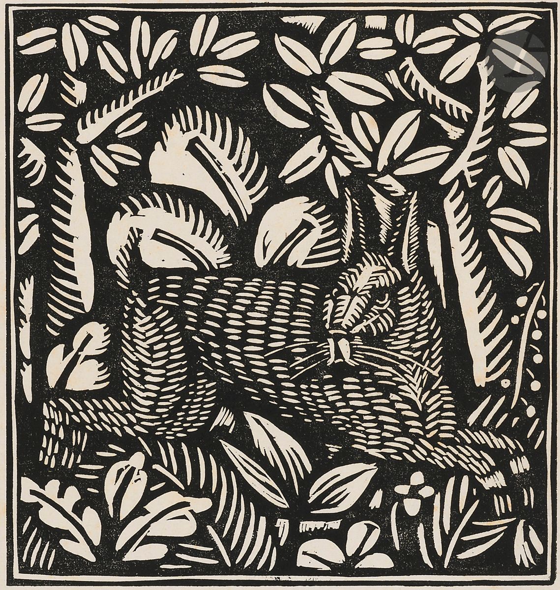 Raoul Dufy (1877-1953)
Le Lièvre. (Pl. envisagée pour G. Apollinaire, Le Bestiaire, ou Cortège d’Orphée, Paris, éd. Delaplanche, 1911, version non publiée). Bois gravé. 190 x 200. Belle épreuve d’essai sur chine volant. Rousseurs claires éparses. Plis cassés en marge gauche et autres traces de plis aux bords du feuillet. Toutes marges.

 Provenance : succession Raoul Dufy.