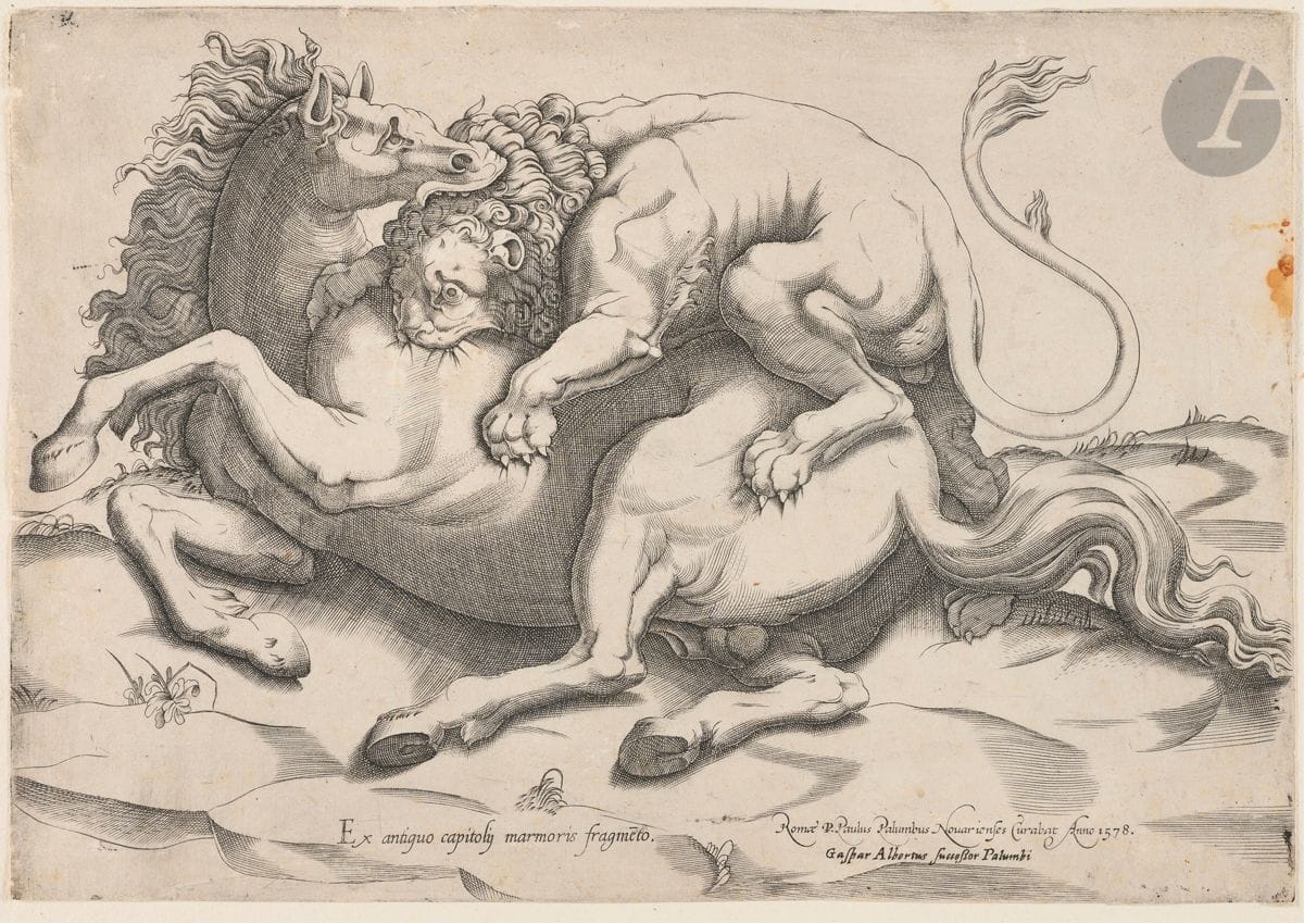 Pietro Paolo Palumbo (actif 1562-1586)
Cheval attaqué par un lion. (Pl. pour Speculum Romanae Magnificentiae). 1558. Burin d’après un marbre. 315 x 220. Belle épreuve sur vergé mince, rognée au coup de planche, à l’adresse de « Gaspar Albertus Sucessor Palumbi ». Petits accrocs, une déchirure et tache rousse aux bords du feuillet. Petites amincissures visibles par transparence.