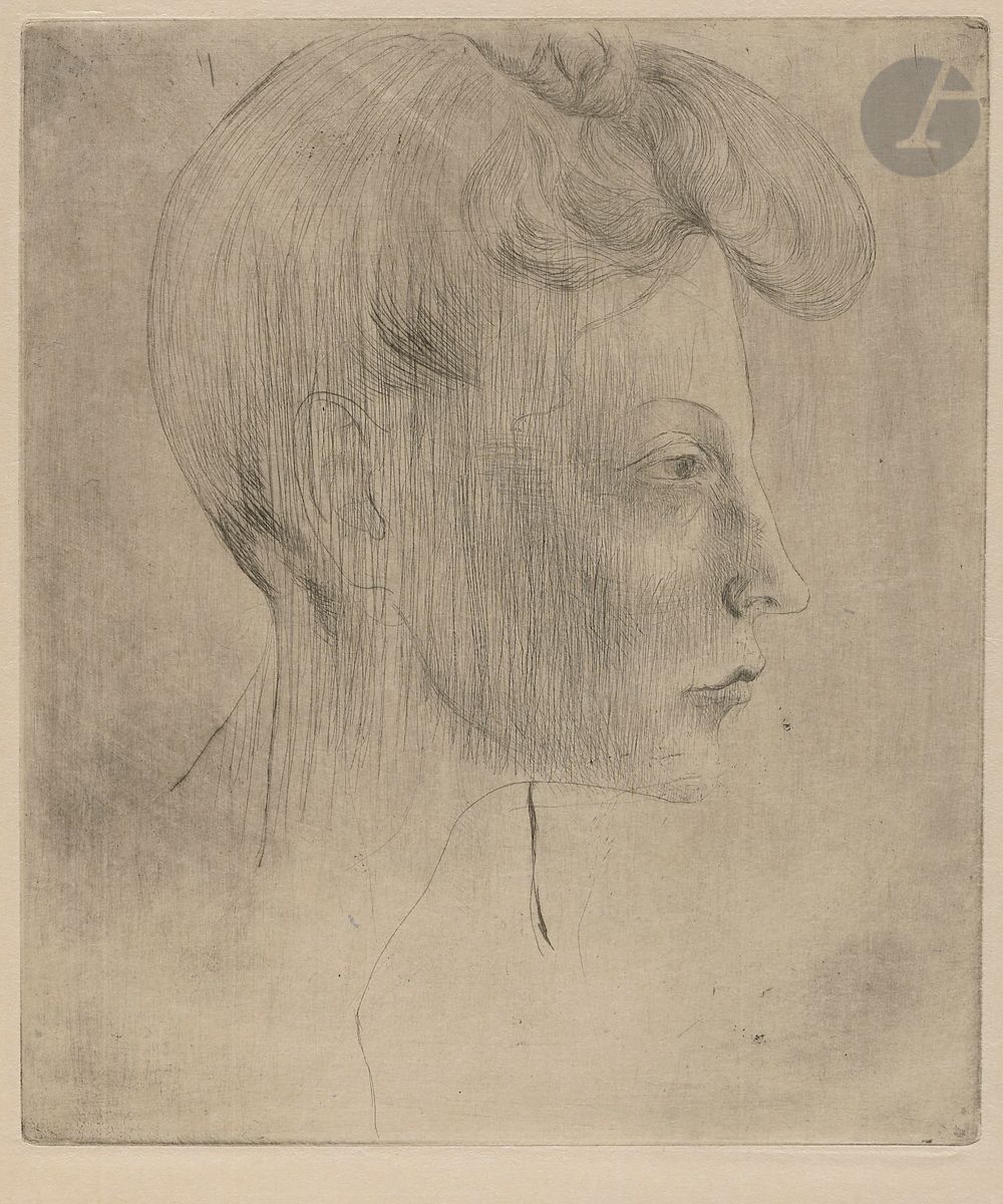 Pablo Picasso (1881-1973)
Tête de femme, de profil. (Pl. des Saltimbanques). Février 1905. Pointe sèche. 248 x 290 [365 x 478]. Bloch 6 ; Baer 7 b 1. Très belle et fraîche épreuve tirée avec teinte de fond sur japon ancien vergé, du tirage à 27 ou 29 épreuves effectué par Fort pour Vollard en 1913, outre les 250 épreuves sur vélin. Petites traces d’essuyage en forme de lignes obliques. Infime pli le long du bord inférieur du feuillet à gauche. Petit corps étranger bleuté en surface au bord gauche du feuillet au centre. Un petit reste d’onglet en tête au verso à gauche et petite épidermure en surface à droite (à l’emplacement de l’autre onglet, anciennement arraché). Toutes marges. 

Provenance : Ambroise Vollard (1866-1939) puis H. M. Petiet (1894-1980).