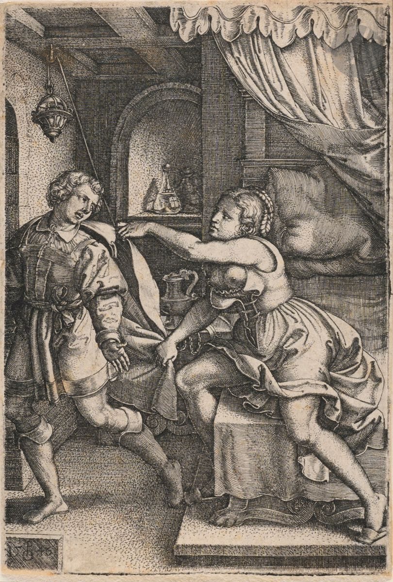 Georges Pencz (ca. 1500-1550)
Joseph and Putiphar's wife (Pl. 4 and last of The Story of Joseph). 1546. Burin. 79 x 115. Bartsch 12. Beautiful proof on laid paper, trimmed to the subject. Light foxing. On the reverse side, a small epidermis at the head and paper remains around the edge.