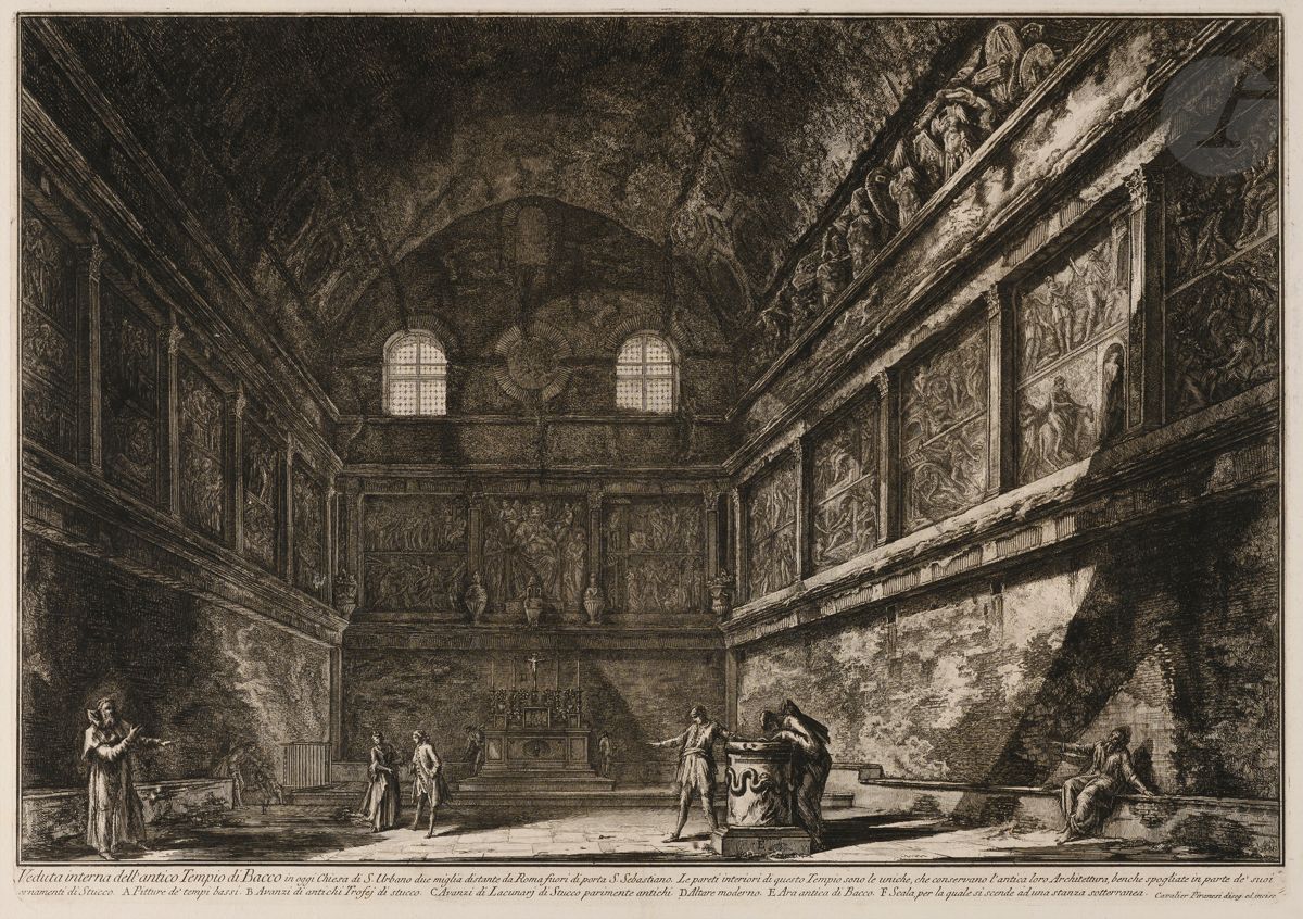 Giambattista Piranesi (1720-1778)
Veduta interna dell’ antico Tempio di Bacco in oggi Chiesa di S. Urbano… (Vue intérieure du temple de Bacchus, aujourd’hui église Saint-Urbain). 1758. Eau-forte et burin. 605 x 420. Hind 81 (ii/iv). Très belle épreuve sur vergé fort, avant les numéros. Numéro de folio 62 à la plume et à l’encre sépia dans l’angle supérieur droit. Pli de reliure vertical médian avec petite fracture en tête. Infimes rousseurs. Bord gauche irrégulier, déchiqueté, avec petits trous d’onglets de reliure et manques. Grandes marges. 1er tirage parisien.