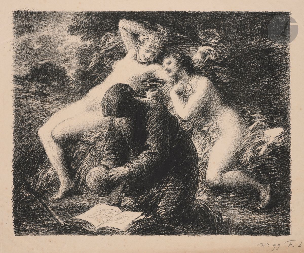 Henri Fantin-Latour (1836-1904)
La Tentation de saint Antoine. 1894. Lithographie. 405 x 325. Hédiard-Mason 110. Belle épreuve sur vergé ivoire, numérotée et signée à la pierre noire. Fortes ondulations (normales) dues à la pression au tirage. Bande d’oxydation le long du bord inférieur du feuillet. Longs plis verticaux au bord des marges latérales. Quelques rousseurs claires. Toutes marges. Tirage à 100 épreuves pour L’Estampe originale (timbre sec : Lugt 819).