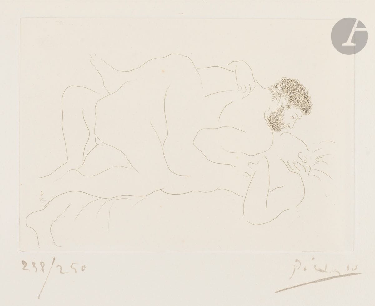 Pablo Picasso (1881-1973)
Man and Woman. 1927. Etching. 280 x 196 [580 x 550]. Bloch 77; Baer 118 b 2; Johnson 91. A very fine proof on strong white vellum, numbered and signed in brush and sepia ink. A few tiny freckles, one of which is on the woman's bent leg. All margins untrimmed. Edition of 250 proofs. A. Vollard ed. 

Provenance : Ambroise Vollard (1866-1939) then H. M. Petiet (1894-1980).