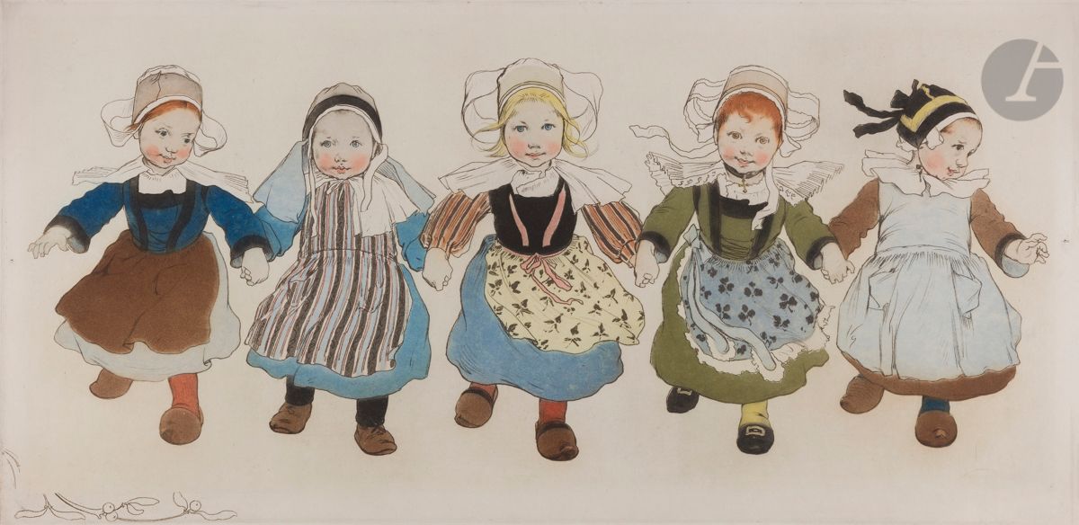Géo (Jean Geoffroy, dit) (1853-1924)
La Danse des fillettes bretonnes. Vers 1900. Eau-forte et aquatinte. 595 x 290. Impression en couleurs. Très belle épreuve sur vélin blanc, signée au crayon. Toutes marges. Timbre sec de l’éditeur.