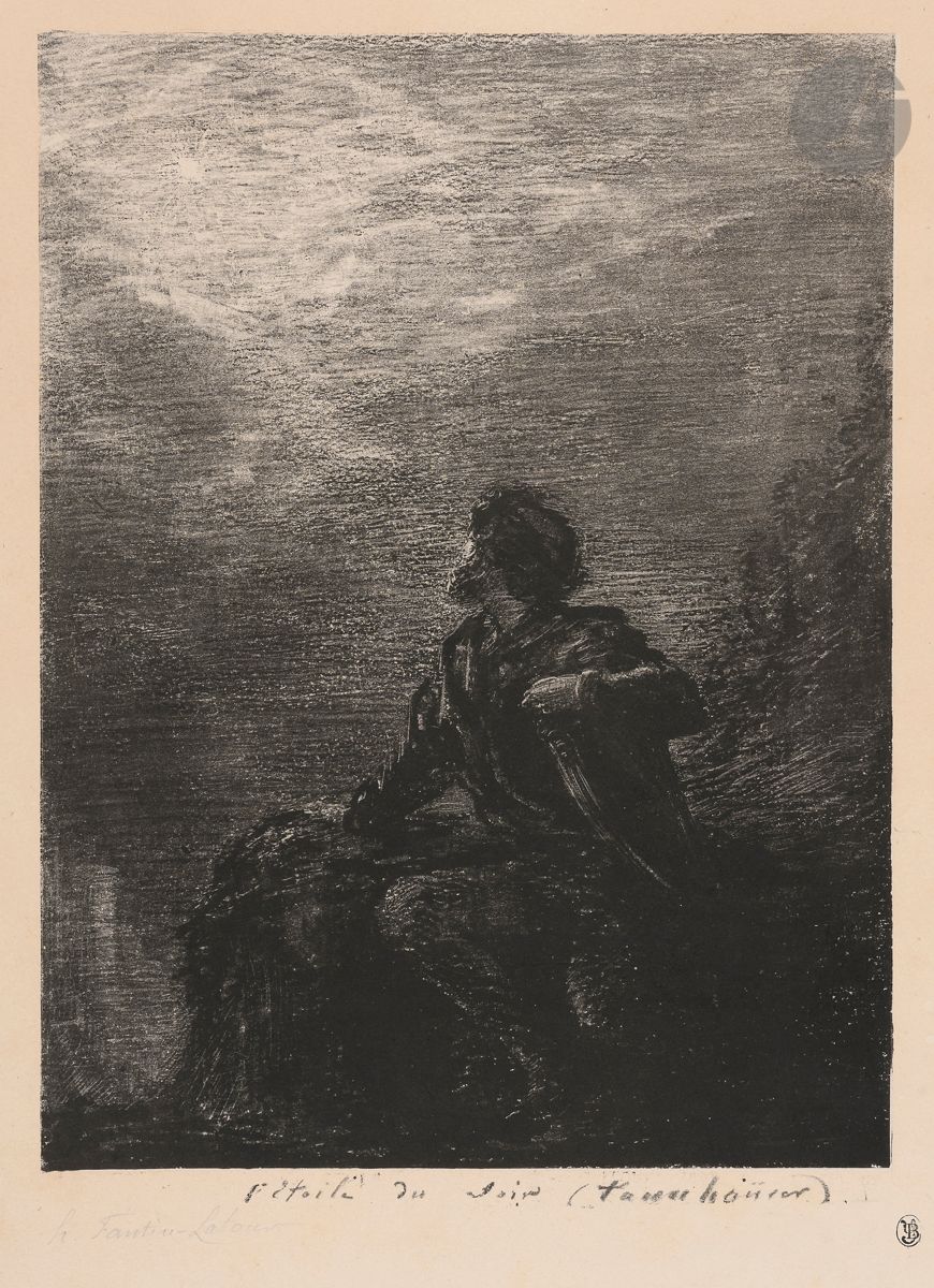 Henri Fantin-Latour (1836-1904)
L’Étoile du soir (1re pl.). 1877. Lithographie. 220 x 305. Hédiard-Mason 16. Belle épreuve sur chine appliqué sur vélin fort, signée au crayon. Forte trace d’oxydation à l’ouverture d’un ancien passe-partout. Rousseurs claires. Toutes marges. Rare. Tirage à 25 épreuves. Ex-coll. A. Beurdeley (Lugt 421).