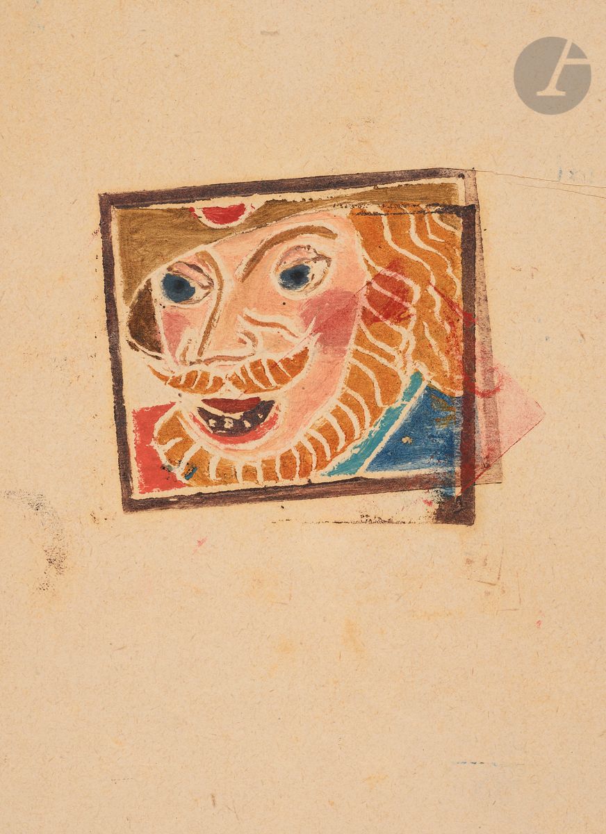 André Derain (1880-1954)
Visage d’homme. (Pl. pour F. Rabelais, Les Horribles et espouvantables faictz et prouesses du très renommé Pantagruel, roy des Dipsodes, fils de grand géant Gargantua, Paris, Skira, 1943). Bois gravé. [130 x 177]. Impression en couleurs. Épreuve d’essai sur vélin mince ivoire, tirée de guingois, avec défauts de repérage. Petites maculatures. Toutes marges. 

 Provenance : succession Raoul Dufy.