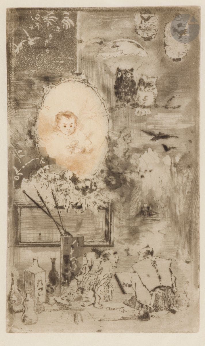 Félix Buhot (1847-1898)
Japanese baptism. 1887. Pen etching, drypoint and aquatint. 125 x 210. Bourcard-Goodfirend 167. Printed in two tones (black and sepia). Superb proof on vellum imitating parchment, very carefully washed. All margins.