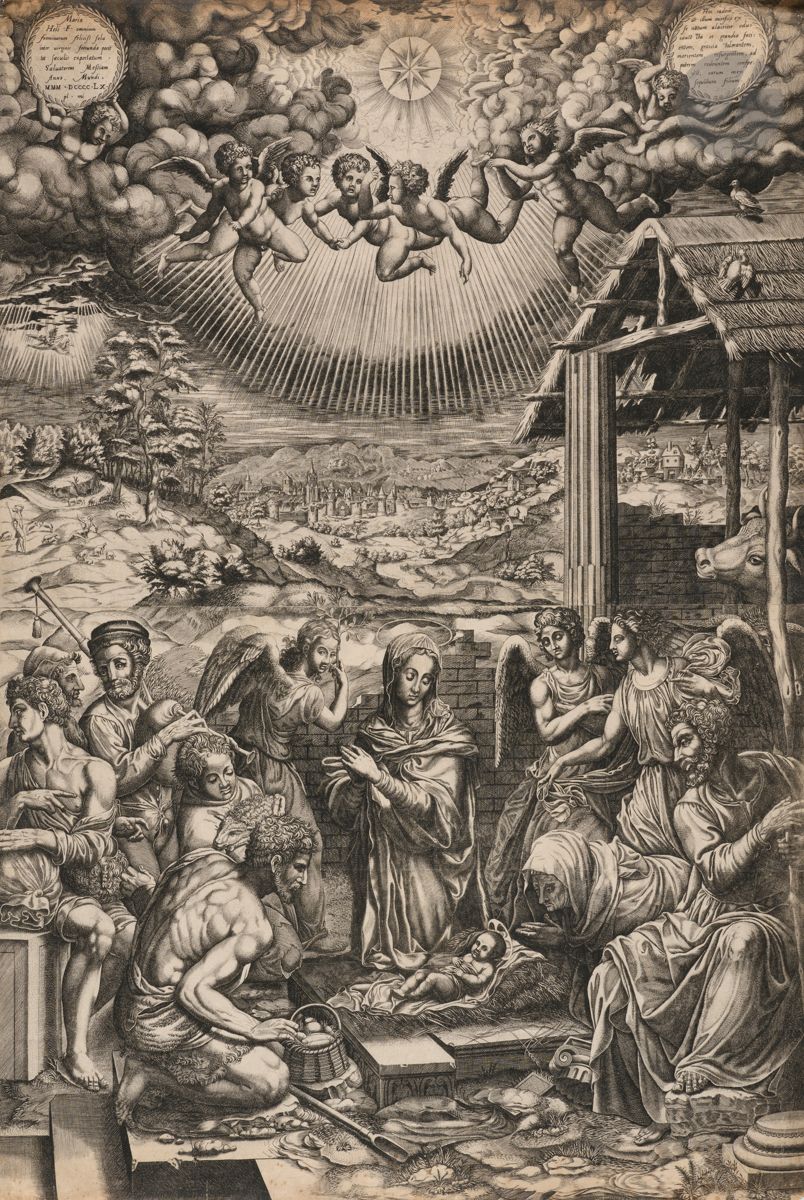 Giorgio Ghisi (1520-1582) (after)
The Nativity. 1553. Engraved after Bronzino. 440 x 647. An anonymous copy of the original engraving (cf. Bartsch 3; Lewis 14 - this copy cited by Bartsch), made like it using two planed boards, with no inscription in the lower part, cut above Lafreri's address (the top of the letters slightly perceptible). Reinforced middle drying fold on the reverse. Numerous traces of horizontal folds and a few vertical folds visible on verso, with occasional small holes at their intersection. Oxidation and foxing to the edges of the folio, with small accidents and tears formerly restored.