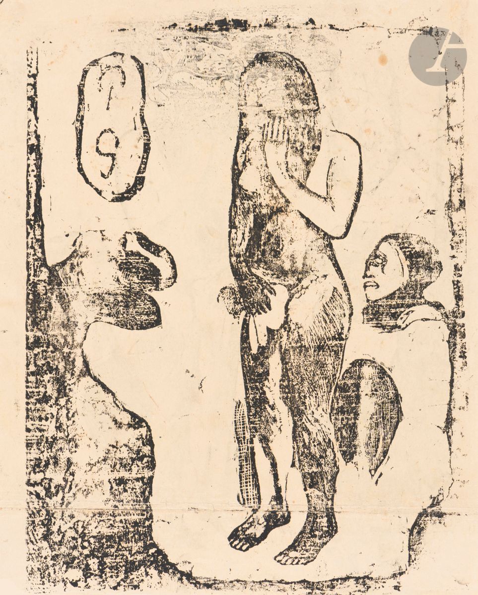 Paul Gauguin (1848-1903)
Ève. 1898-1899. Bois gravé. 215 x 283 [239 x 295]. Mongan, Kornfeld, Joachim 42 II a. Intéressante épreuve d’essai sur modeste vélin ivoire, le sujet pâle et affaibli par endroits, le petit animal à gauche mal défini. Au verso : autre épreuve du même sujet, très faible. Rousseurs claires et petites taches rousses. Fine éraflure oblique en surface, à gauche de la main droite d’Ève. Pli horizontal médian à 43 mm du bord inférieur, avec infime manque au bord droit. 

 Provenance : Georges-Daniel de Monfreid (1856-1929), ami de l’artiste.
  Cette épreuve est proche d’une autre épreuve d’essai recensée par le catalogue raisonné, portant elle aussi au verso une autre épreuve très pâle du même sujet, provenant de la collection Agnès Huc de Monfreid, à Corneilla-de-Conflent (Pyrénées-Orientales). (E. Mongan, E. W. Kornfeld, H. Joachim, Paul Gauguin, Catalogue raisonné of his Prints, Berne, Kornfeld Publishers, 1988, p. 168, n° 42 II a). Il est à noter que l’épreuve référencée par ces auteurs est tirée sur une grande feuille de papier et porte en pied une épreuve de notre sujet précédent, Femme cueillant des fruits et Oviri – preuve que les deux sujets ont été tirés à la même époque.
