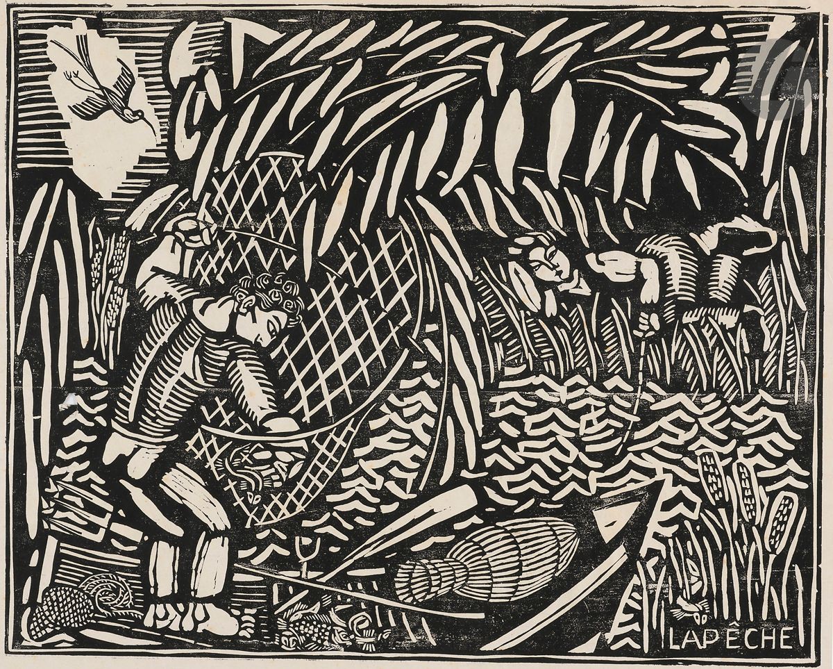 Raoul Dufy (1877-1953)
La Pêche. Vers 1906. Bois gravé. 395 x 322. Bonne épreuve d’essai sur chine volant. Rousseurs claires éparses. Nombreuses déchirures et plis aux bords du feuillet. Déchirure sur l’angle supérieur droit du sujet. Petit trou avec manque dans le sujet à gauche. Petit manque dans l’angle supérieur droit du feuillet. Toutes marges. 

 Provenance : succession Raoul Dufy.