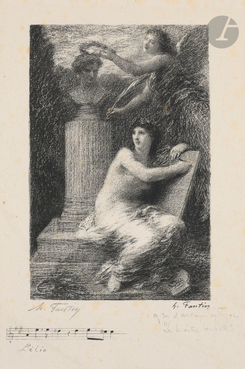 Henri Fantin-Latour (1836-1904)
À Berlioz (petite pl.). 1895. Lithographie. 140 x 250. Hédiard-Mason 120. Belle épreuve sur chine volant, du 3e état (sur 4), avant la mention « L’Artiste » au-dessus du sujet, signée au crayon puis dédicacée « à M. d’Ardenne de Tizac / ‘Les maîtres artistes’ ». Fortes rousseurs. Traces de plis obliques médians. Belles marges. 

Henri d’Ardenne de Tizac (1877-1932) était un amateur d’arts d’Asie. Il publia divers ouvrages surs les arts décoratifs chinois.