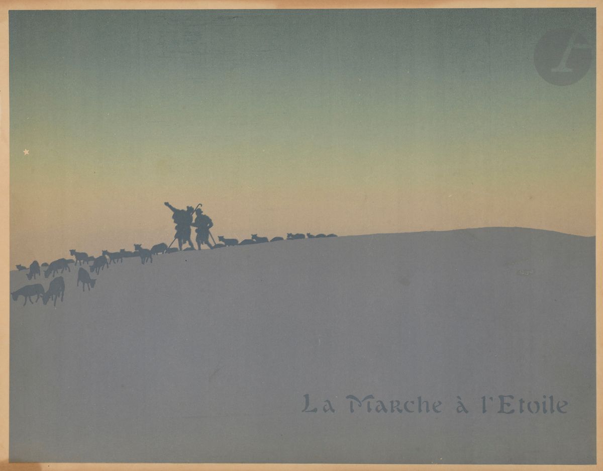 Henri Rivière (1864-1951)
La Marche à l’étoile. Mystère en 10 tableaux. Poème et Musique de Georges Fragerolle. Dessins de Henri Rivière. Paris, Enoch et Flammarion, 1902. Édition nouvelle avec les planches modifiées. Un vol. in-fol. oblong [325 x 245] relié, contenant 15 lithographies en couleurs (Levasseur-Le Bohec 240-260), précédées des titre, faux titre et table illustrés, ainsi que les partitions musicales. Lettre des titres, décor de la garde intérieure, cachets et fleurons par George Auriol. Très bel exemplaire ordinaire sur vélin glacé. Quelques petites rousseurs éparses. Couverture cartonnée illustrée d’une lithographie et jaquette de vélin brique imprimée à rabats (défraîchie).