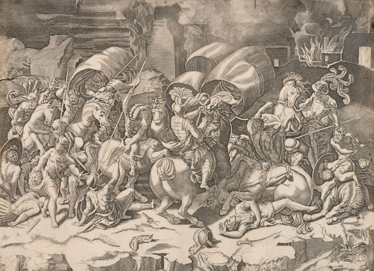 Marco Dente, dit de Ravenne (1490-1527)
La Bataille au coutelas. Burin (probablement d’après G. Romano). 460 x 320. Bartsch 211. Très belle épreuve sur vergé, rognée au sujet. Deux lignes noires verticales en tête, correspondant à des défauts (entailles ou accidents) survenus sur le cuivre ; une autre à gauche. Petites rousseurs et traces de plis au verso. Quelques infimes trous visibles par transparence.

« On attribue ordinairement la gravure de cette estampe à Marc-Antoine [Raimondi], quoique, suivant notre opinion, il n’y ait rien qui pourroit rappeler une seule des différentes manières, dans lesquelles cet artiste a exécuté ses estampes dans les différentes périodes de sa vie. Elle nous paroît être plutôt de Marc de Ravenne ou de quelque autre de ses disciples. » (Bartsch, Le Peintre-graveur illustré, tome XIV, p. 171).