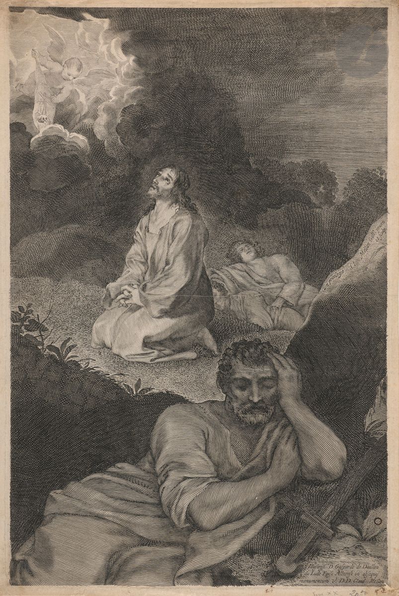 Claude Mellan (1598-1688)
Le Christ au jardin des Oliviers. Burin. 290 x 443. Préaud 18. Belle épreuve sur vergé. Empoussiérage et petits accidents, parfois avec renforts, aux bords du feuillet. Pli de séchage horizontal médian, formant fine ligne blanche au recto. Marges étroites.