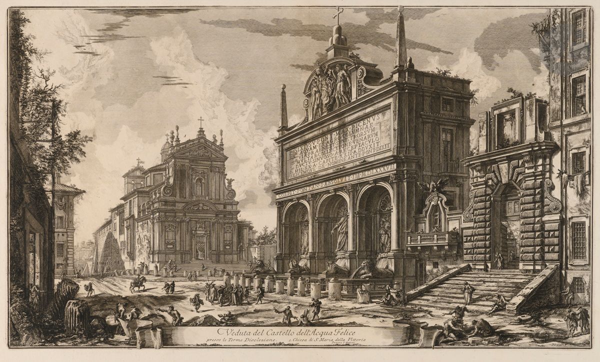 Giambattista Piranesi (1720-1778)
Veduta del Castello dell’Acqua Felice (Fontaine de l’Acqua Felice). 1751. Eau-forte et burin. 685 x 405. Hind 20 (iii/v). Très belle épreuve sur vergé fort, avant les numéros, le prix effacé. Numéro de folio 36 à la plume et à l’encre sépia dans l’angle supérieur droit. Pli de reliure vertical médian avec petit renfort en pied au verso. Courte déchirure en pied. Infimes rousseurs. Bord gauche irrégulier, déchiqueté, avec petits trous d’onglets de reliure et manques. Grandes marges. 1er tirage parisien.