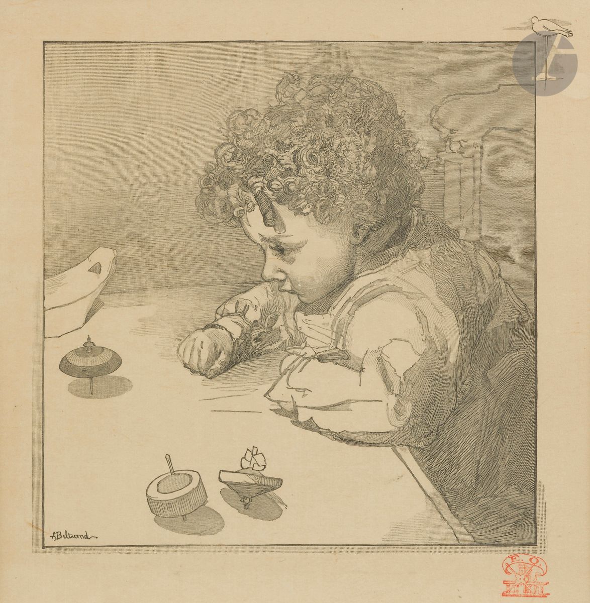 Tony (Antoine) Beltrand (1847-1904)
La Toupie. 1888. Gravure sur bois. À vue : 220 x 220. I.F.F. 9. Belle épreuve sur japon pelure, avec le timbre de la première Estampe Originale (Lugt 887a). Marges. Cadre.