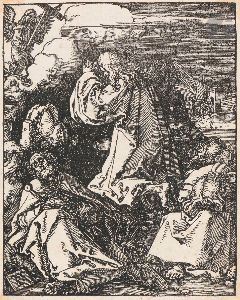 Albrecht Dürer (1471-1528)
Le Christ au Mont des Oliviers. (Pl. de la Petite Passion). 1509-1511. Bois gravé. 100 x 130. Bartsch 26 ; Meder 135. Belle épreuve sur vergé avec texte latin au verso, collée par les angles sur feuillet de vergé (avec petit arrachement dans l’angle inférieur droit). Petites marges.