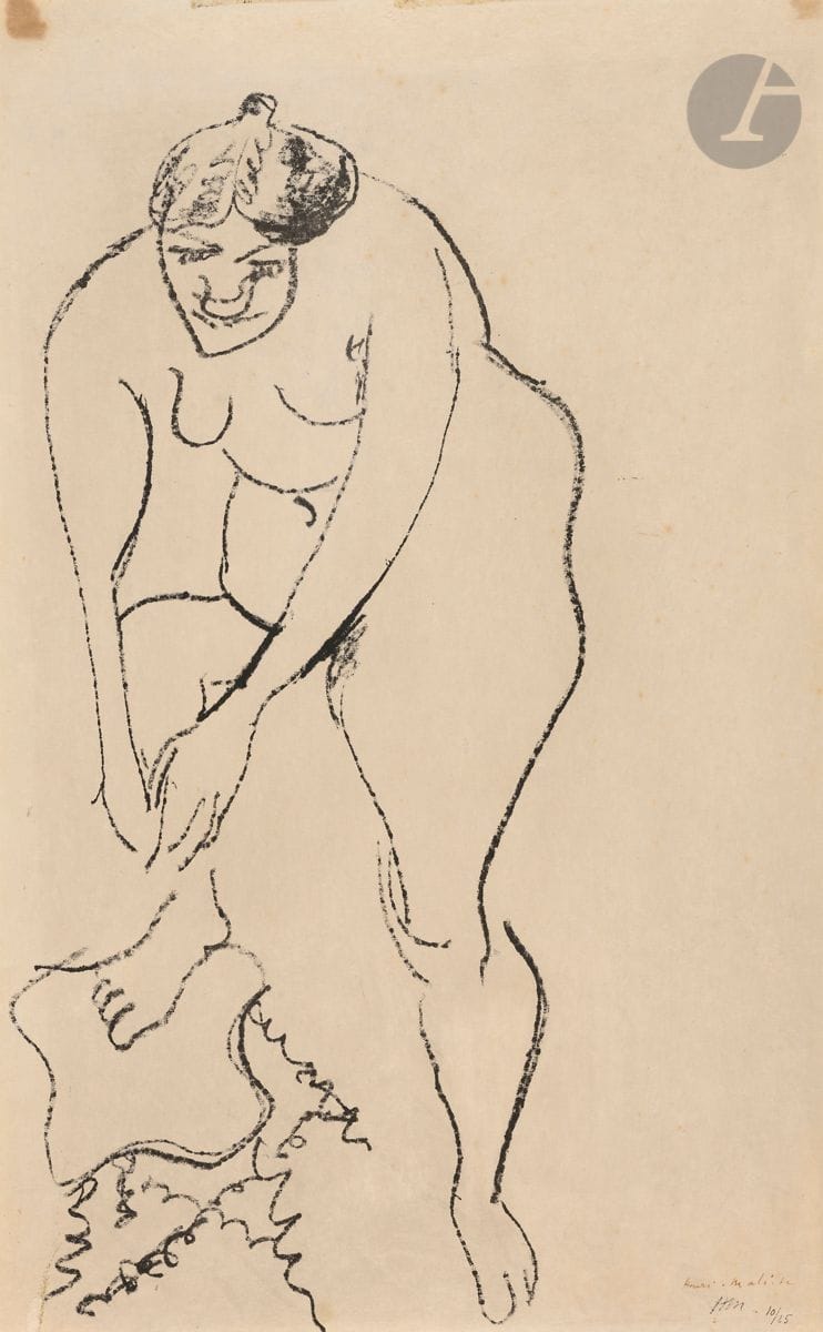 Henri Matisse (1869-1954)
Nude with Right Foot on a Stool. 1906. Lithograph. [280 x 450]. Duthuit-Garnaud 404. Nice proof on japon nacré, signed in pen and sepia ink, washed (the signature slightly weakened, the paper slightly denatured). Small scattered light foxing. Two long remnants of oxidized adhesive along the top edge of the folio. Two traces of brown glue in the upper corners on the verso, visible on the recto. Oblique scratch of 30 mm in the lower left corner. All margins. Rare. Edition of 25 proofs.