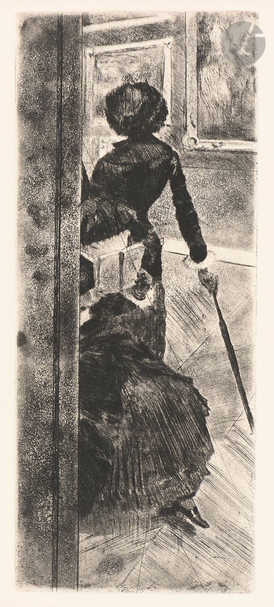 Edgar Degas (1834-1917)
Au Louvre : la peinture (Mary Cassatt). Vers 1876. Eau-forte, pointe sèche et aquatinte. 128 x 305. Delteil 29 ; Reed-Shapiro 52. Très belle épreuve sur vélin blanc fort, du tirage effectué sur le cuivre biffé pour Ambroise Vollard (1918). Léger empoussiérage le long du bord inférieur du feuillet. Toutes marges.