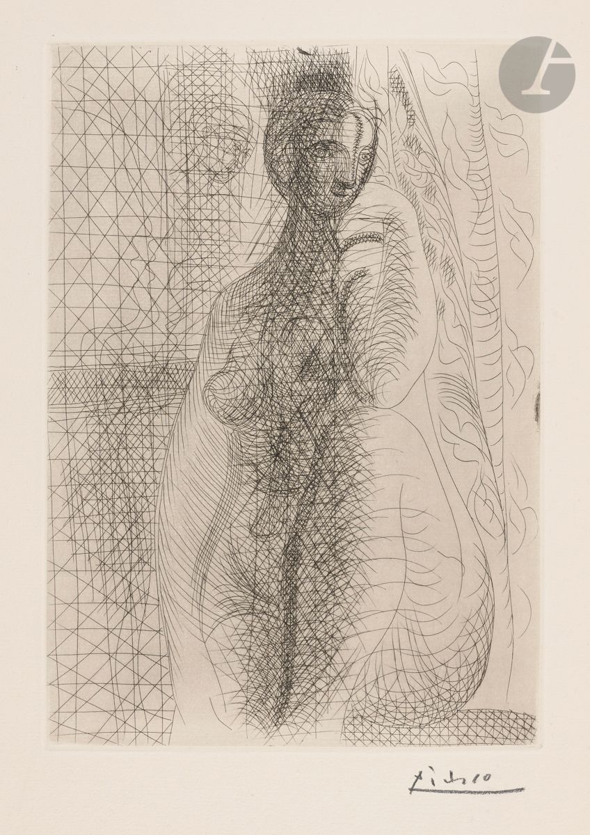 Pablo Picasso (1881-1973)
Femme nue à la jambe pliée. (Suite Vollard, pl. 8). 9 juillet 1931. Eau-forte. 220 x 310 [330 x 442]. Bloch 141 ; Baer 208 entre A et B. Parfaite épreuve d’essai sur vergé de Montval, avant aciérage, antérieure au tirage de 1939 à 260 épreuves, signée au crayon. Annotation au crayon de la main de H. M. Petiet en pied sous la signature : « Essai avant aciérage ». Toutes marges non ébarbées. 

Provenance : Ambroise Vollard (1866-1939) puis H. M. Petiet (1894-1980).