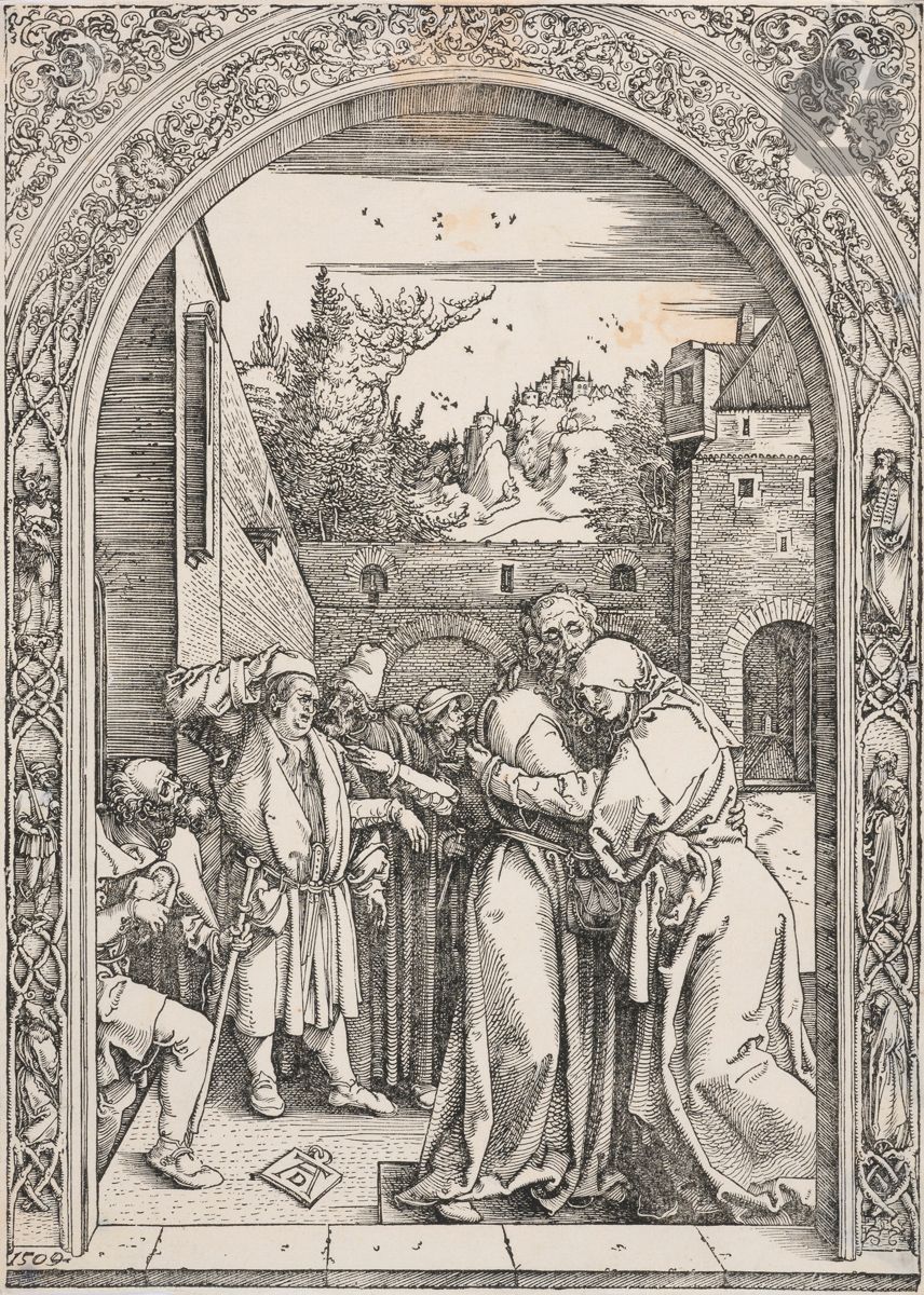Albrecht Dürer (1471-1528)
La Rencontre d’Anne et Joachim à la Porte Dorée. (Pl. de la Vie de la Vierge). 1504. Bois gravé. 212 x 297. Bartsch 78 ; Meder 191 h. Belle épreuve sur vergé mince, avec de nombreuses cassures dans le bois, notamment dans les nuages, dans le foulard d’Anne et dans le pied de l’homme à la canne. Petits morceaux de papier bleu collés au verso. Large taches claires rousses. Filets de marges. Filigrane : proche Meder 261 à 264 (fin XVIe siècle).