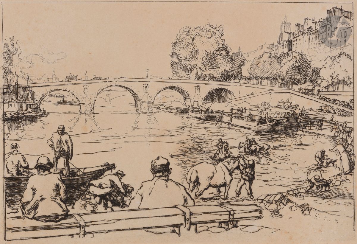 Auguste Lepère (1849-1918)
L’Abreuvoir au Pont-Marie. 1902. Eau-forte. 265 x 198. Lotz-Brissonneau 128. Belle épreuve sur vergé, annotée au crayon « 1er Etat première planche », signée et numérotée, puis annotée en pied « n’est pas la même pl. que celle parue dans le Studio ». Le feuillet fortement oxydé, avec petites taches blanches et rousseurs. Toutes marges non ébarbées. De toute rareté. Tirage à 5 épreuves seulement (selon Lotz-Brissonneau, « elle était destinée au Studio mais n’a pas plu à l’artiste qui en a fait une autre, se proposant de terminer celle-ci ultérieurement » – ce qu’il ne fit pas).