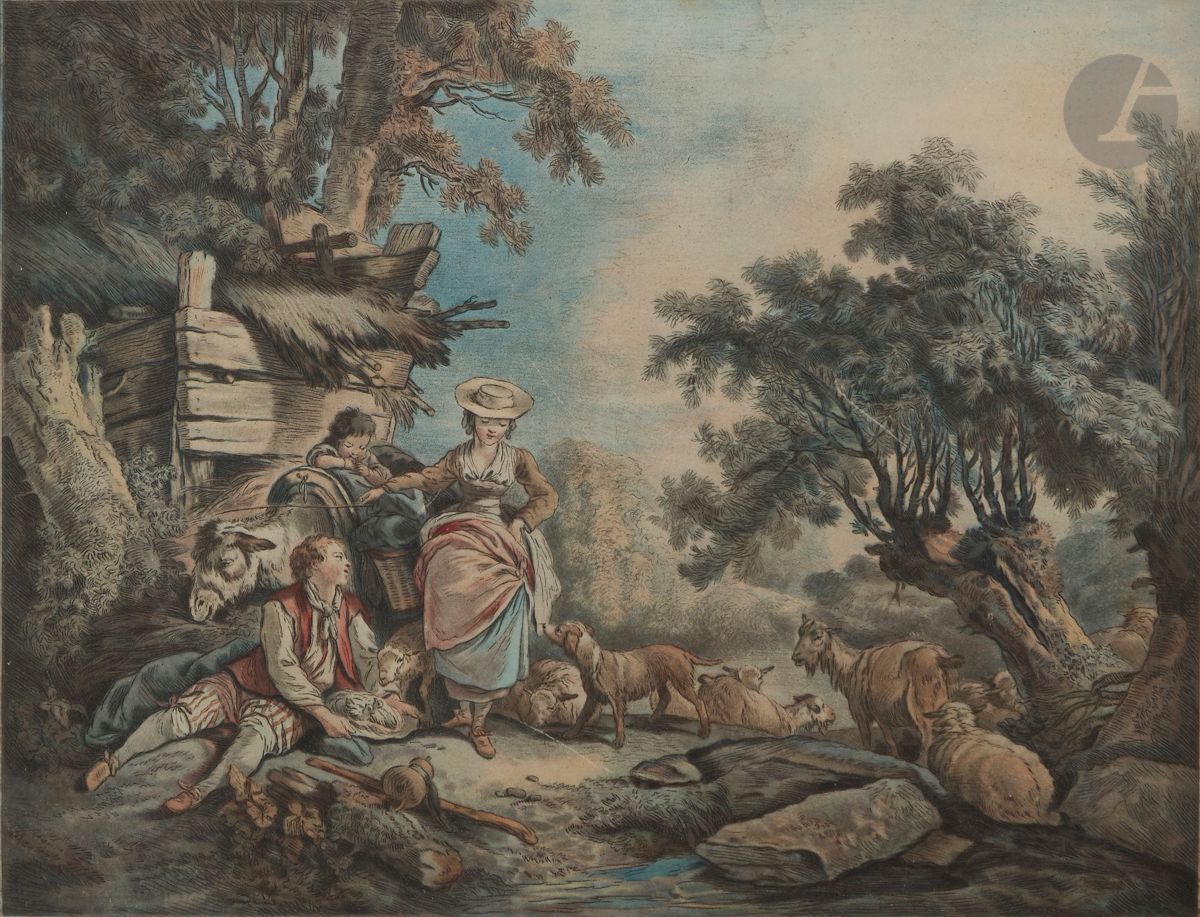 Gilles Demarteau le Jeune (1756-1802)
Great pastoral. 1788. Engraving in pencil after Huet. 352 x 285. I.F.F. 601. Printed in colors. Beautiful proof on ivory laid paper. Some fine oblique scratches on the surface. Small light halo of moisture on the upper plate cut. Good margins. Framed.