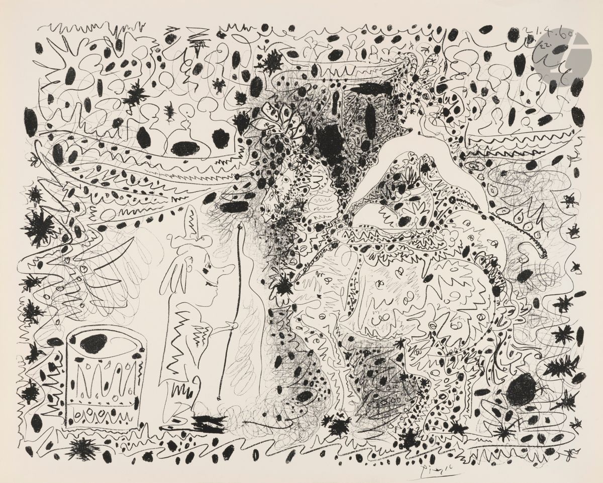 Pablo Picasso (1881-1973)
L’Écuyère. 1960. Autographie. 640 x 500. Mourlot 333 ; Bloch 999 ; Güse-Rau 699. Très belle épreuve sur vélin blanc, du tirage à nombre pour le journal Le Patriote (Nice). Fin pli cassé oblique dans l’angle inférieur droit du feuillet. Toutes marges.