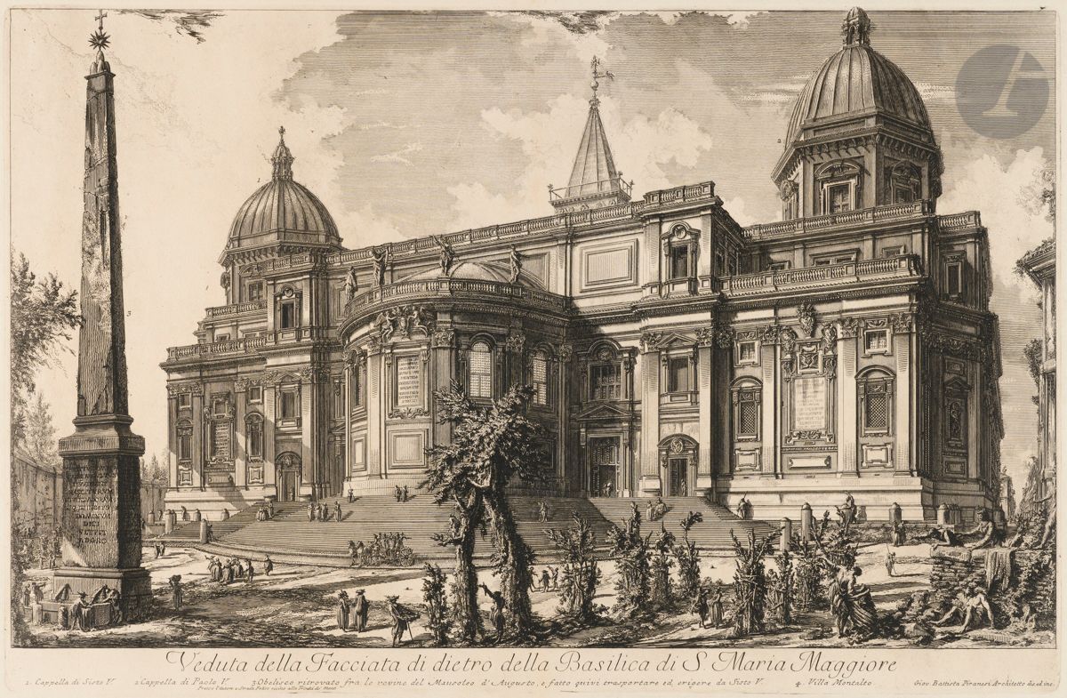 Giambattista Piranesi (1720-1778)
Veduta della Facciata di dietro della Basilica di Sta Maria Maggiore… (Vue arrière de la basilique Sainte-Marie Majeure). 1749. Eau-forte et burin. 618 x 400. Hind 10 (iii/v). Très belle épreuve sur vergé fort, avant les numéros, le prix effacé. Numéro de folio 18 à la plume et à l’encre sépia dans l’angle supérieur droit. Pli de reliure vertical médian avec petit renfort en pied au verso. Infimes rousseurs. Bord gauche irrégulier, déchiqueté, avec petits trous d’onglets de reliure et manques. Grandes marges. 1er tirage parisien.