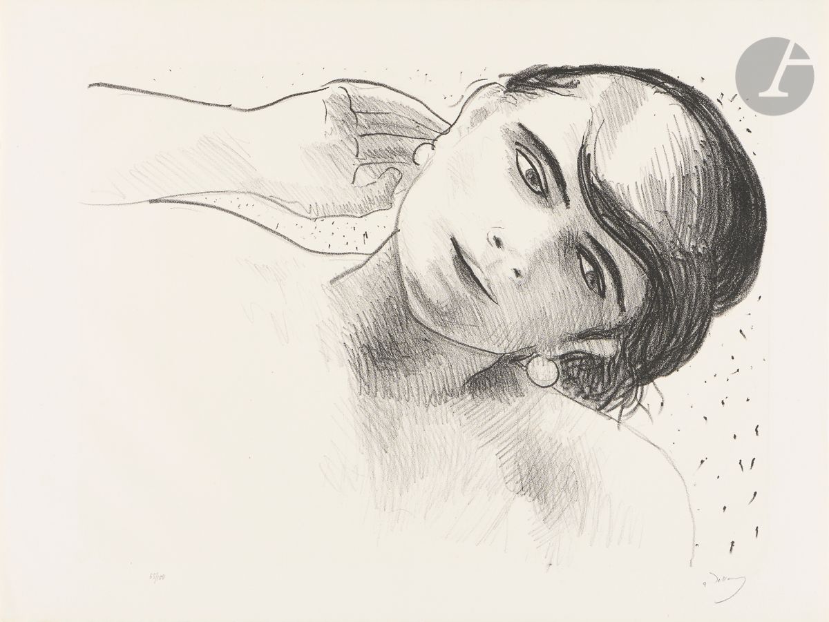 André Derain (1880-1954)
Tête de femme de face, portant une main à son oreille. (Pl. de la suite Métamorphoses). 1927. Lithographie. 425 x 300. Adhémar 71-10. Très belle épreuve sur vélin blanc, numérotée et signée au crayon. L’indentation de la pierre très visible. Toutes marges non ébarbées. Tirage à 100 épreuves.