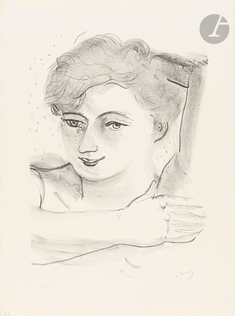 André Derain (1880-1954)
Head of a woman slightly lowered, a hand placed under the raised arm (Pl. of the suite Metamorphoses). 1927. Lithograph. 285 x 395. Adhemar 71-7. Very nice proof on white vellum, numbered and signed in pencil. The lower left corner folded. All margins untrimmed. Edition at 100 proofs.
